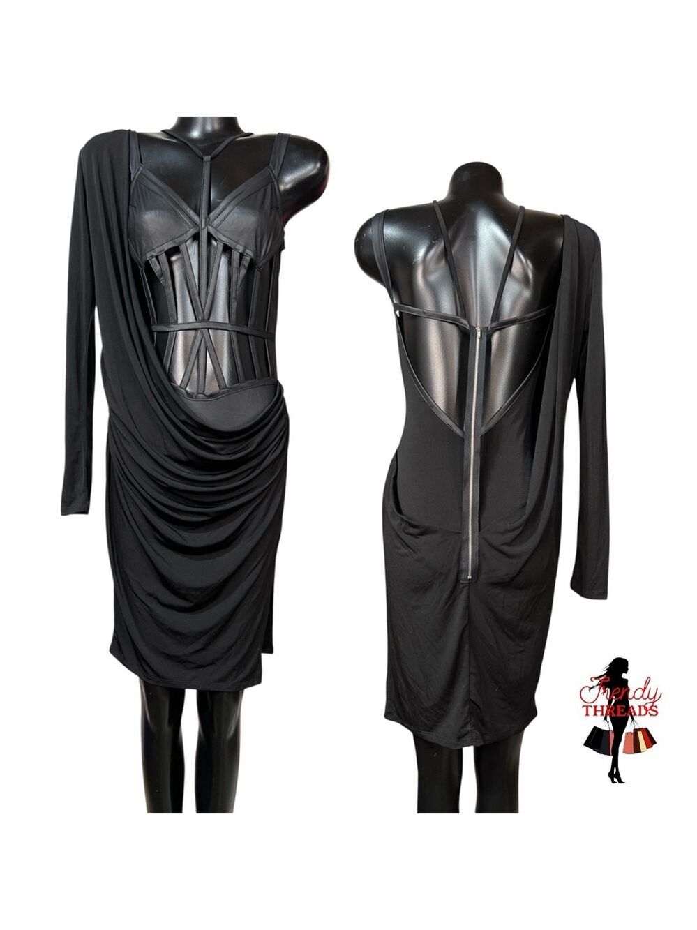 Fashion Queen NEW Cage Corset Dress Medium Sexy Little Black Backless Draped LBD